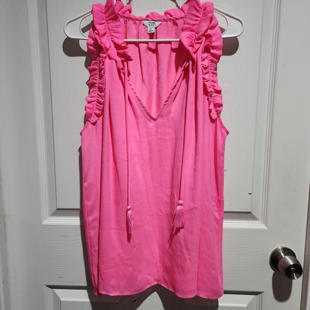 Crown & Ivy Bright Pink Ruffle Blouse